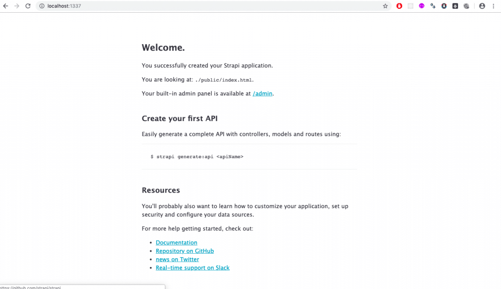 Strapi.js - A new way to build Node.js APIs 3 localhost welcome page